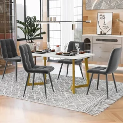 Ensemble Table Rectangulaire Effet Marbre - MDF et 4 Chaises Velours Gris Foncé, Pieds Métal Dorés