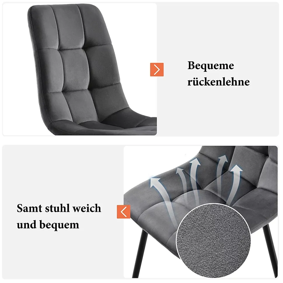 Ensemble Table Rectangulaire Effet Marbre - MDF et 4 Chaises Velours Gris Foncé, Pieds Métal Dorés
