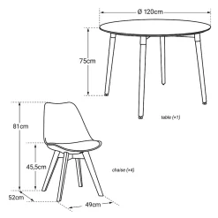Ensemble table ronde 120cm MARTHA et 4 chaises NORA blanc - HAPPY GARDEN
