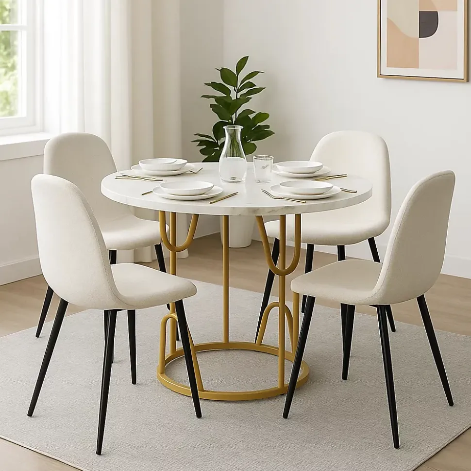 Ensemble table ronde marbre blanc doré avec 4 chaises tissu beige