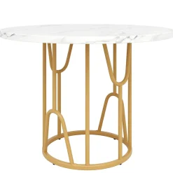Ensemble table ronde marbre blanc doré avec 4 chaises tissu beige