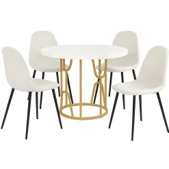 Ensemble table ronde marbre blanc doré avec 4 chaises tissu beige