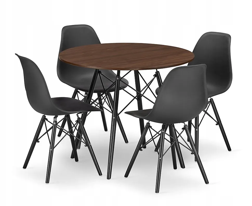 Ensemble table ronde Valora KOVA 80, chaises frêne et noires pour salle à manger (x4)