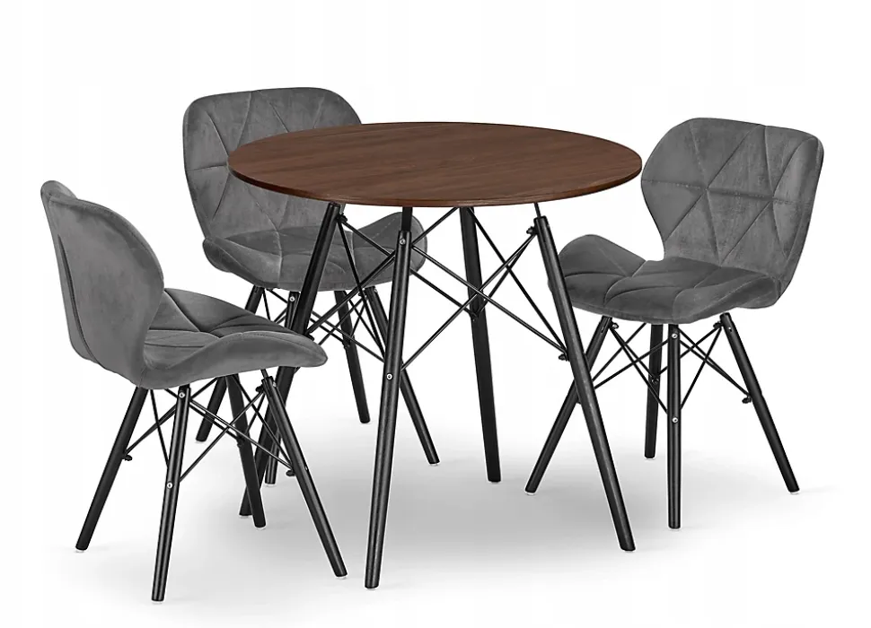 Ensemble table ronde VALORA KOVA 80 en frêne avec 3 chaises WAKO grises