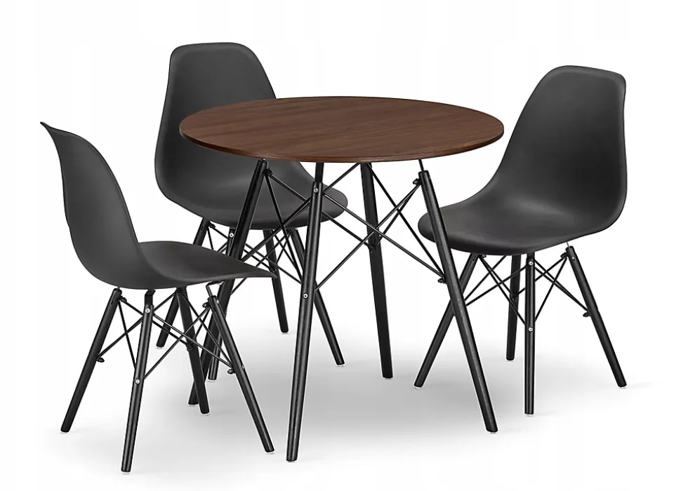 Ensemble table ronde Valora KOVA 80, chaises frêne et noires x3