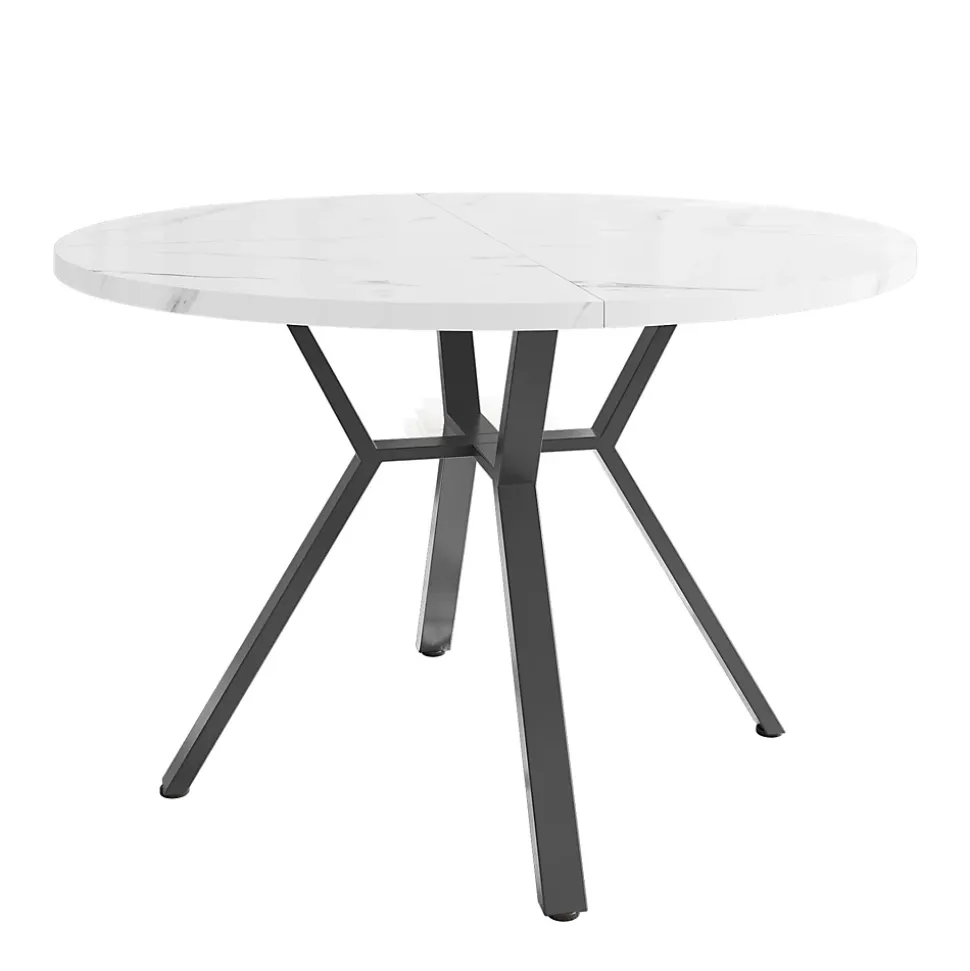 Ensemble table ronde 100x75 cm avec 4 chaises velours, plateau MDF effet marbre et structure métal noir