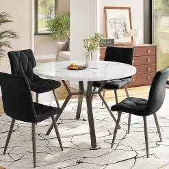 Ensemble table ronde 100x75 cm avec 4 chaises velours, plateau MDF effet marbre et structure métal noir