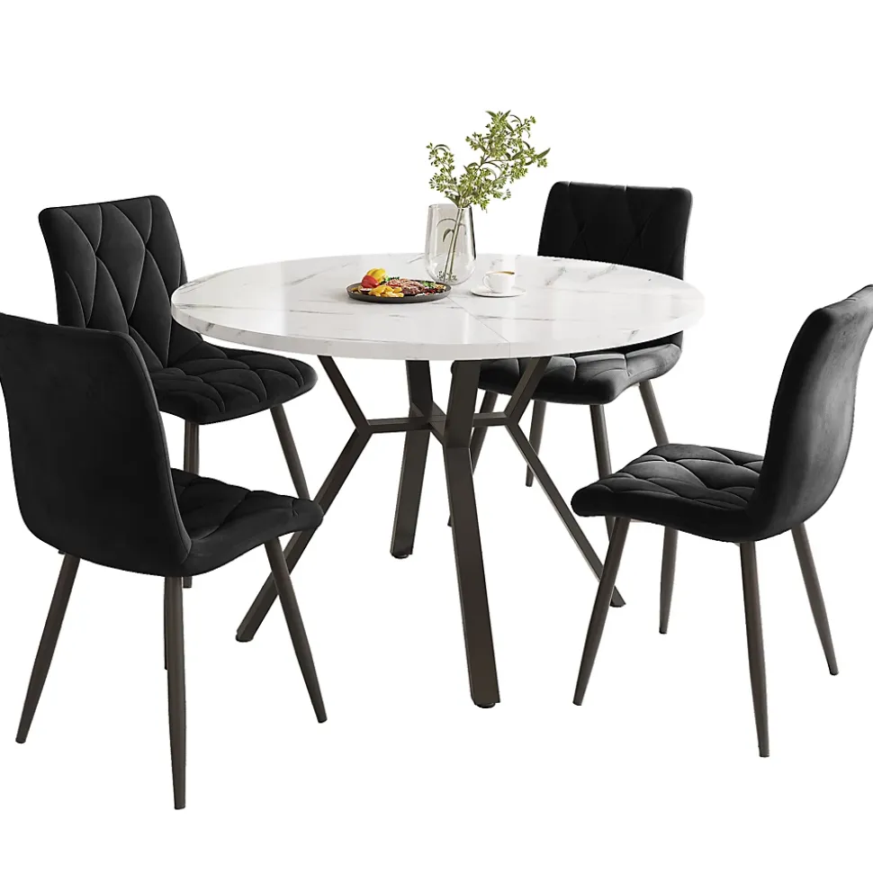 Ensemble table ronde 100x75 cm avec 4 chaises velours, plateau MDF effet marbre et structure métal noir