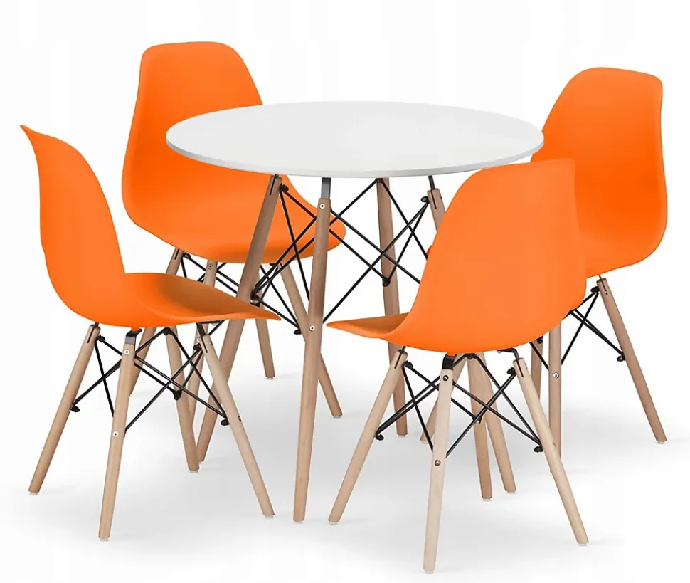 Ensemble table Valora KOVA 80 : table ronde blanche moderne + 4 chaises orange