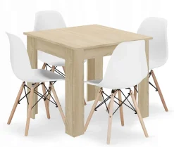 Ensemble Valora : table carrée 80x80 cm, chêne Sonoma + 4 chaises blanches Osaka