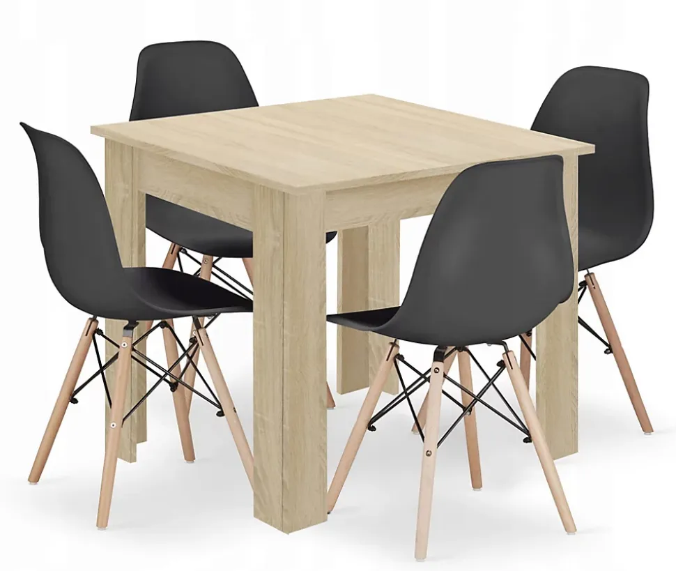 Ensemble Valora : table carrée 80 x 80 cm, chêne Sonoma + 4 chaises OSAKA noires