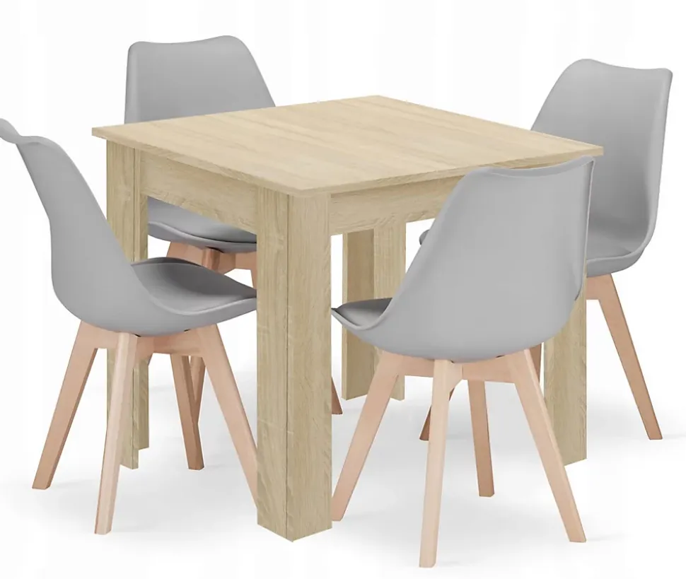 Ensemble Valora : table carrée 80 x 80 cm, chêne Sonoma + 4 chaises RIKX grises (x4)