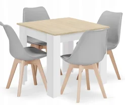 Ensemble Valora : table carrée 80x80 cm, chêne Sonoma + 4 chaises RIKX grises