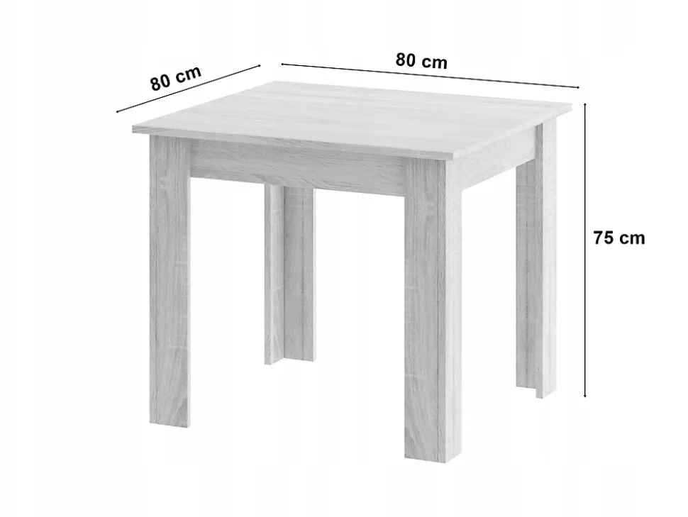 Ensemble Valora : table carrée 80x80 cm, chêne Sonoma + 4 chaises RIKX grises