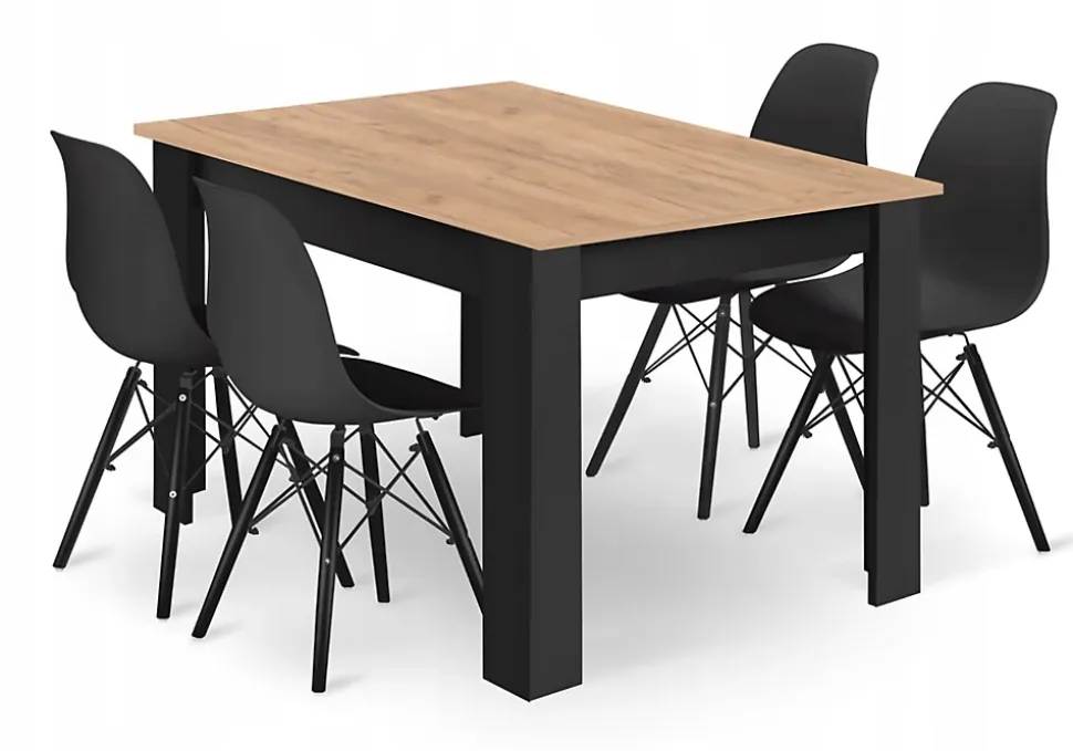 Ensemble Valora : table rectangulaire 120 x 80 cm, style artisanal, + 4 chaises Osaka noires (x4)