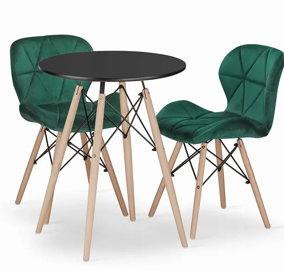 Ensemble Valora : table ronde KOVA 60 noire + 2 chaises WAKO vertes (x2)