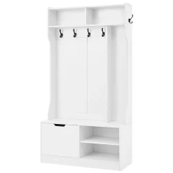 Ensemble vestiaire complet avec banc, 6 crochets, porte et 4 espaces ouverts, blanc, 100x185.5x40cm