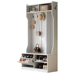 Ensemble vestiaire complet avec banc, 6 crochets, porte et 4 espaces ouverts, blanc, 100x185.5x40cm