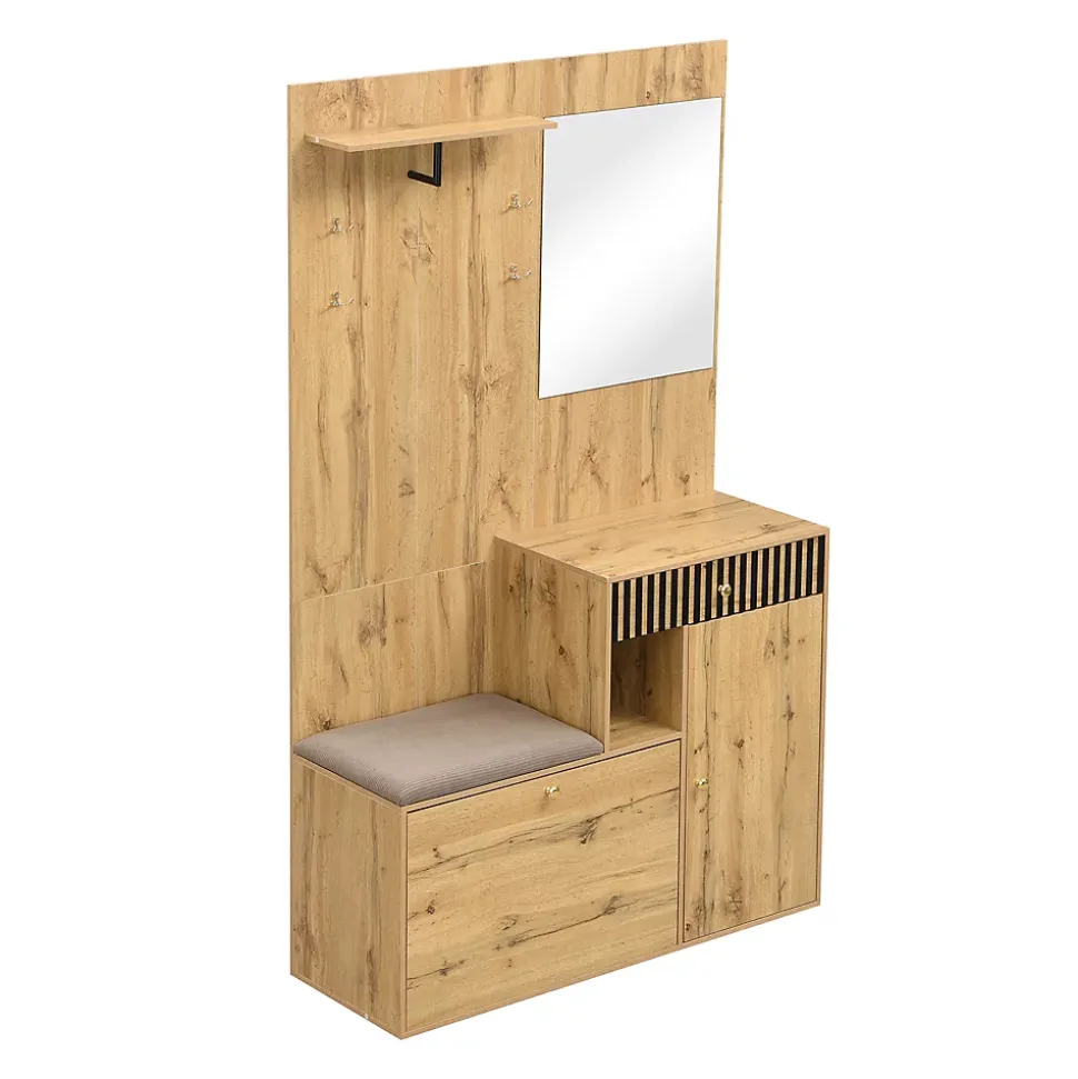 ensemble Vestiaire D'entrée - Vestiaire avec Miroir, Banc et Meuble À Chaussures, MDF, 110x37x185,5 cm - Bois et Noir