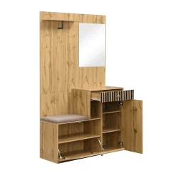 ensemble Vestiaire D'entrée - Vestiaire avec Miroir, Banc et Meuble À Chaussures, MDF, 110x37x185,5 cm - Bois et Noir