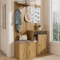 ensemble Vestiaire D'entrée - Vestiaire avec Miroir, Banc et Meuble À Chaussures, MDF, 110x37x185,5 cm - Bois et Noir