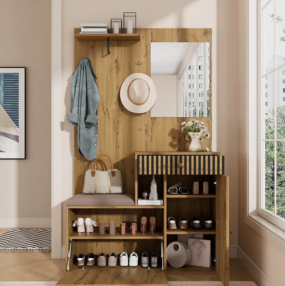 ensemble Vestiaire D'entrée - Vestiaire avec Miroir, Banc et Meuble À Chaussures, MDF, 110x37x185,5 cm - Bois et Noir