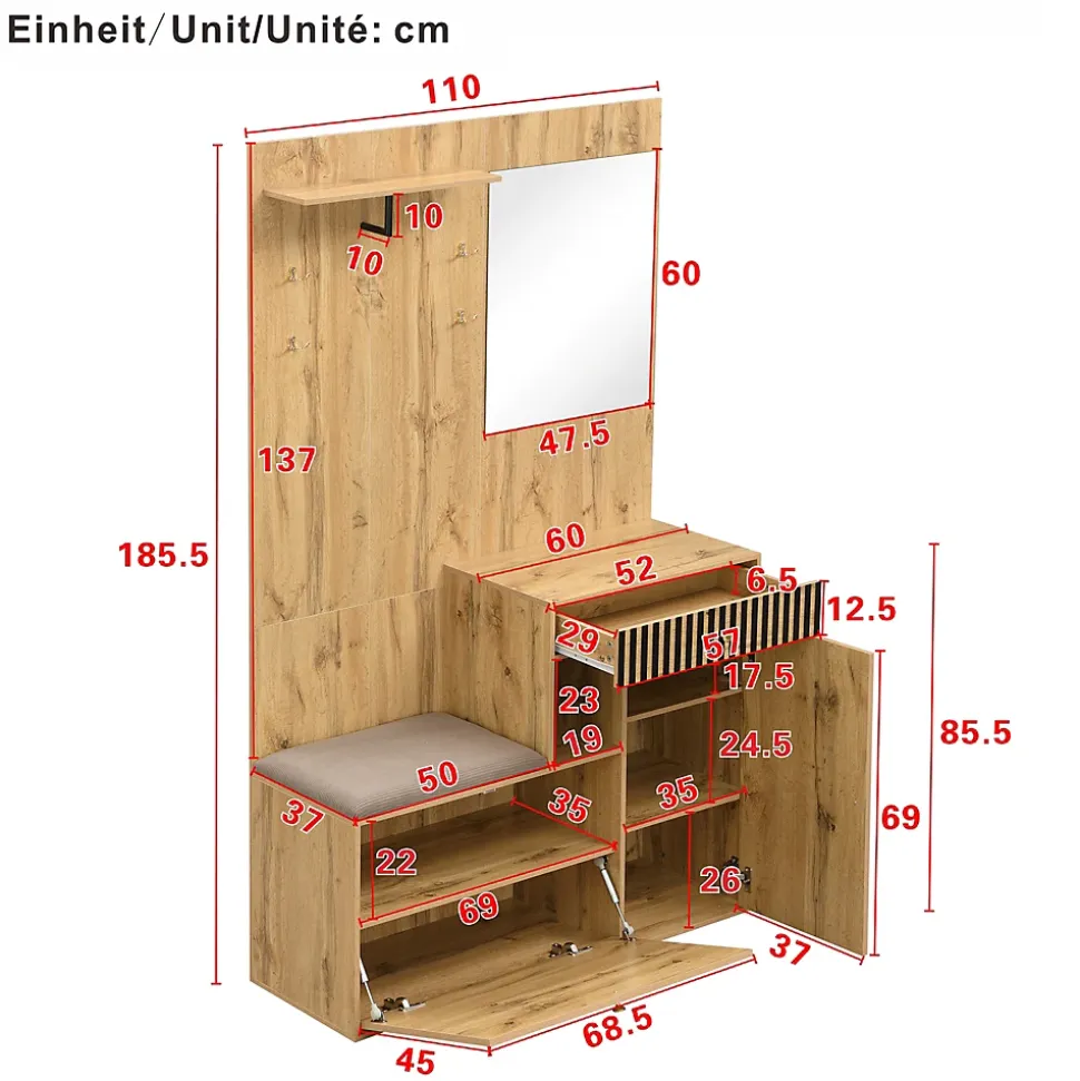 ensemble Vestiaire D'entrée - Vestiaire avec Miroir, Banc et Meuble À Chaussures, MDF, 110x37x185,5 cm - Bois et Noir