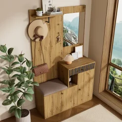 ensemble Vestiaire D'entrée - Vestiaire avec Miroir, Banc et Meuble À Chaussures, MDF, 110x37x185,5 cm - Bois et Noir