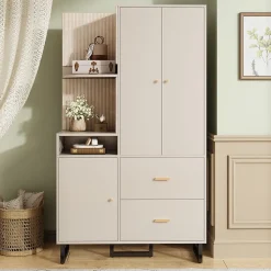 ensemble Vestiaire D'entrée - Vestiaire D'entrée Compact avec Panneau Rembourré, Meuble À Chaussures et Étagères, MDF, Gris+Beige