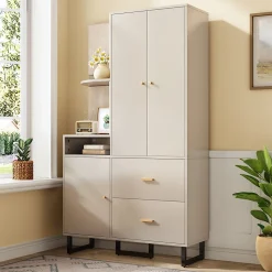 ensemble Vestiaire D'entrée - Vestiaire D'entrée Compact avec Panneau Rembourré, Meuble À Chaussures et Étagères, MDF, Gris+Beige