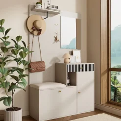 ensemble Vestiaire d'entrée Complet - Vestiaire avec Banc, Miroir et Meuble à Chaussures, MDF, 110x37x185,5 cm, Kaschmirfarben