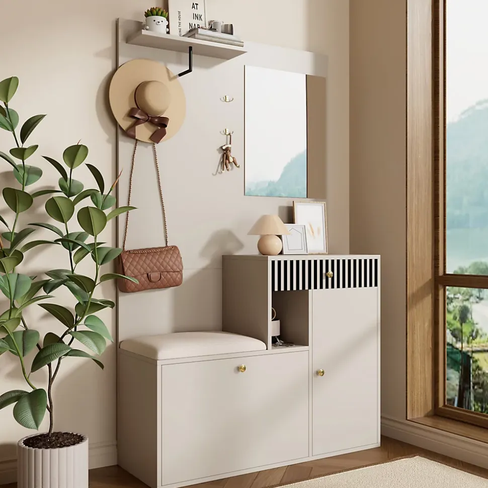 ensemble Vestiaire d'entrée Complet - Vestiaire avec Banc, Miroir et Meuble à Chaussures, MDF, 110x37x185,5 cm, Kaschmirfarben
