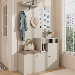 ensemble Vestiaire d'entrée Complet - Vestiaire avec Banc, Miroir et Meuble à Chaussures, MDF, 110x37x185,5 cm, Kaschmirfarben