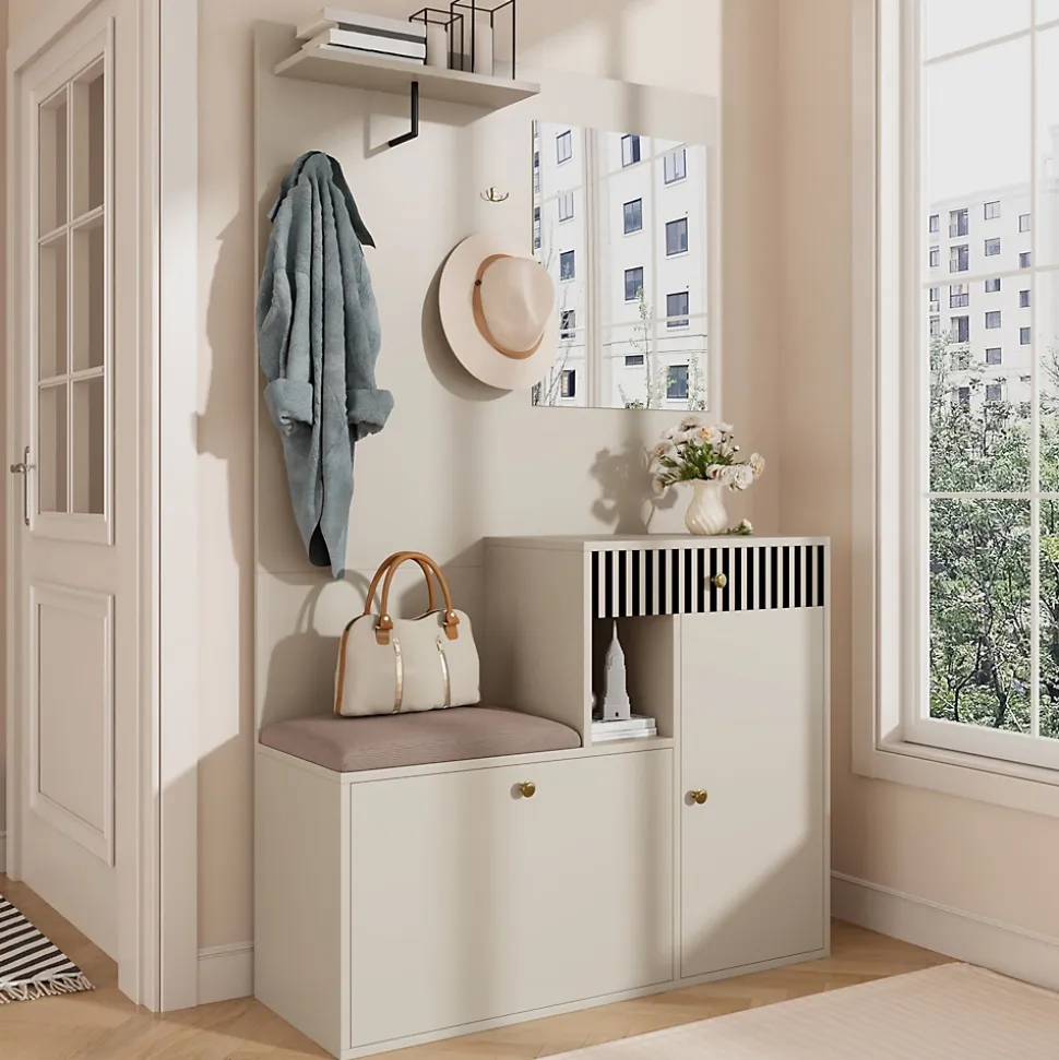 ensemble Vestiaire d'entrée Complet - Vestiaire avec Banc, Miroir et Meuble à Chaussures, MDF, 110x37x185,5 cm, Kaschmirfarben