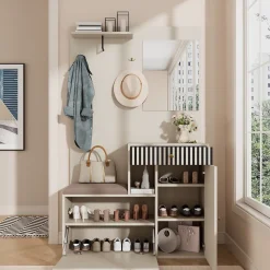 ensemble Vestiaire d'entrée Complet - Vestiaire avec Banc, Miroir et Meuble à Chaussures, MDF, 110x37x185,5 cm, Kaschmirfarben