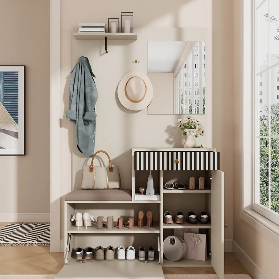 ensemble Vestiaire d'entrée Complet - Vestiaire avec Banc, Miroir et Meuble à Chaussures, MDF, 110x37x185,5 cm, Kaschmirfarben
