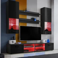 Ensembles de meubles TV Varallo Komodee - LED RGB - Noir Brillant & Noir - Façades en Brillant - L200cm x H195cm x P45cm