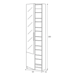 Etagere à chaussures Eugene, Armoire à chaussures haute avec 1 porte, Armoire d'entrée avec miroir, 50x22h180 cm, Blanc