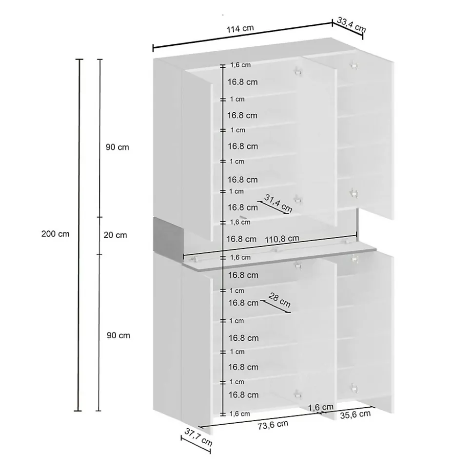 Etagere à chaussures Marzio, Etagere à chaussures peu encombrante à 7 portes, 114x38h200 cm, Blanc et Ardoise