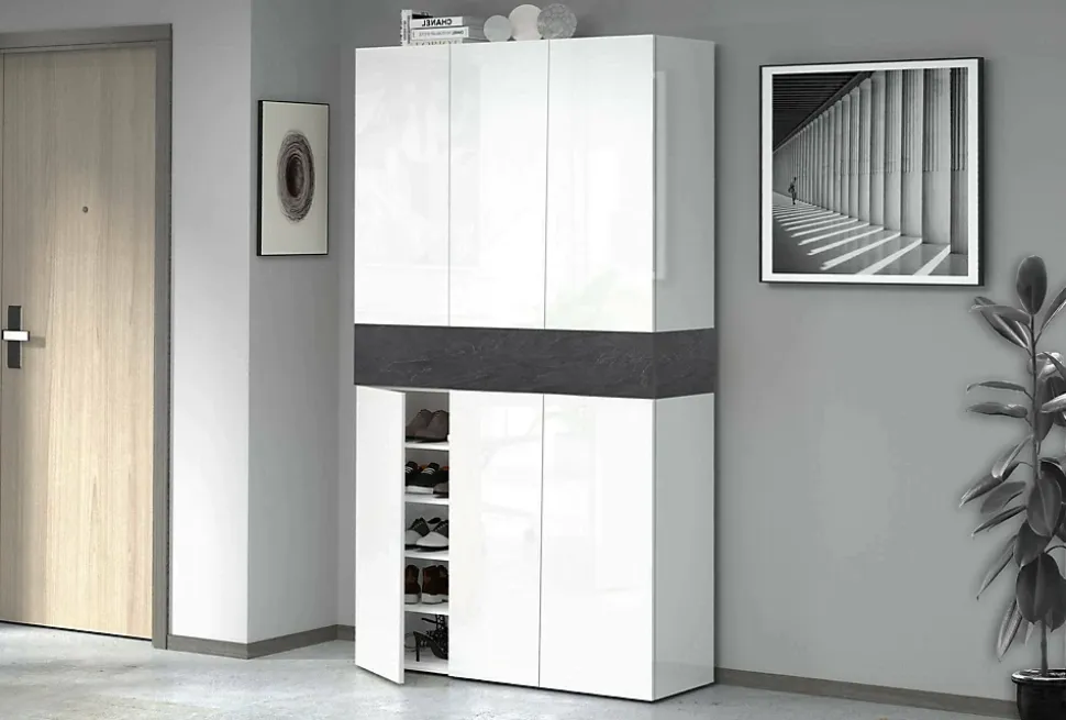 Etagere à chaussures Marzio, Etagere à chaussures peu encombrante à 7 portes, 114x38h200 cm, Blanc et Ardoise