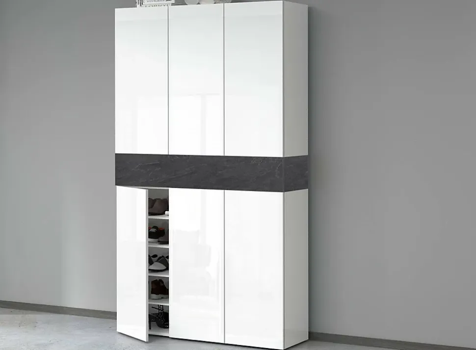 Etagere à chaussures Marzio, Etagere à chaussures peu encombrante à 7 portes, 114x38h200 cm, Blanc et Ardoise
