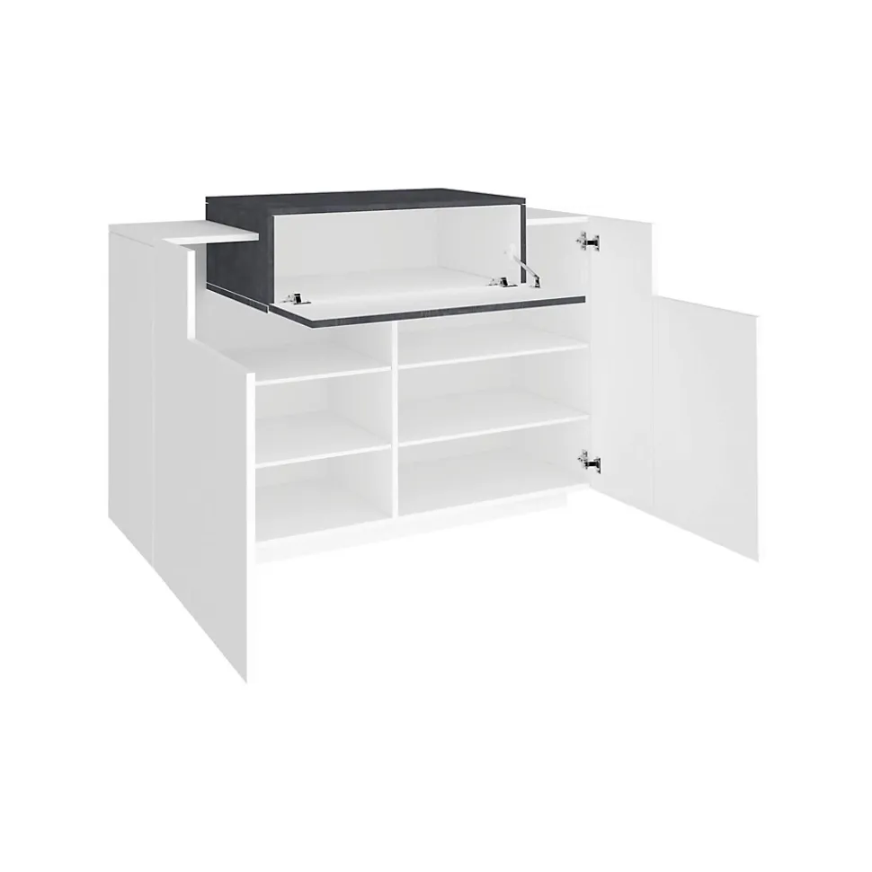 Etagere à chaussures Peter, Armoire polyvalente avec 2 portes et 1 porte abattante, 120x45h86 cm, Blanc brillant et ardoise