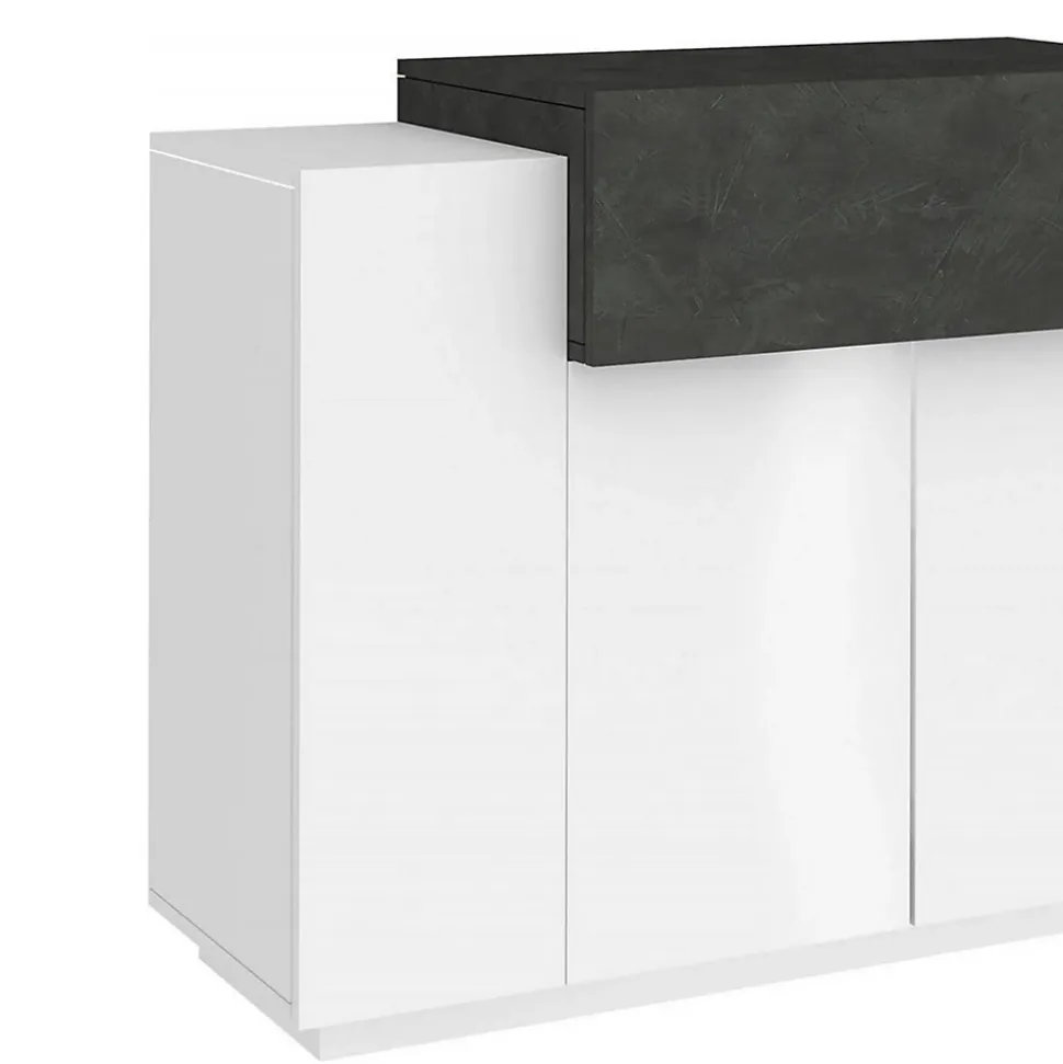 Etagere à chaussures Peter, Armoire polyvalente avec 2 portes et 1 porte abattante, 120x45h86 cm, Blanc brillant et ardoise