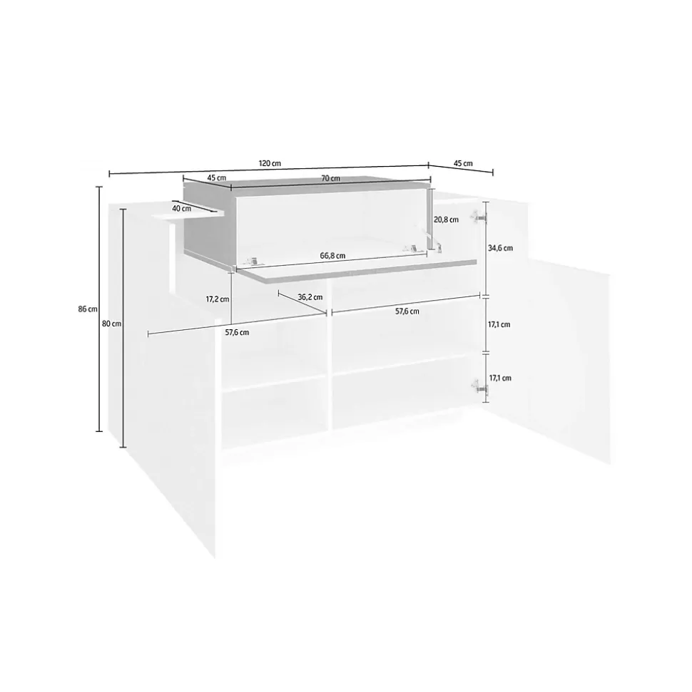 Etagere à chaussures Peter, Armoire polyvalente avec 2 portes et 1 porte abattante, 120x45h86 cm, Blanc brillant et ardoise