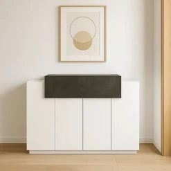 Etagere à chaussures Peter, Armoire polyvalente avec 2 portes et 1 porte abattante, 120x45h86 cm, Blanc brillant et ardoise