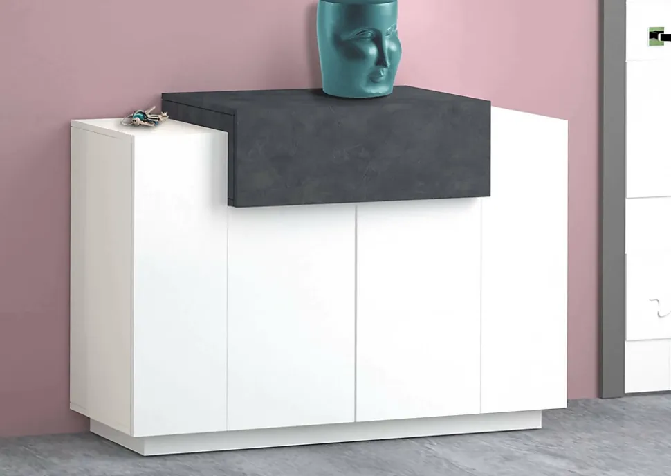 Etagere à chaussures Peter, Armoire polyvalente avec 2 portes et 1 porte abattante, 120x45h86 cm, Blanc brillant et ardoise