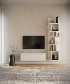 Etagere blanche murale et autoportante a compartiments asymetriques 180 cm modele Bemmi