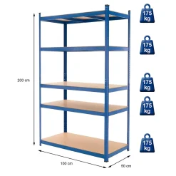 Etagere de Rangement - 200x100x50 cm - Capacite max. 875 kg - 5 Tablettes MDF