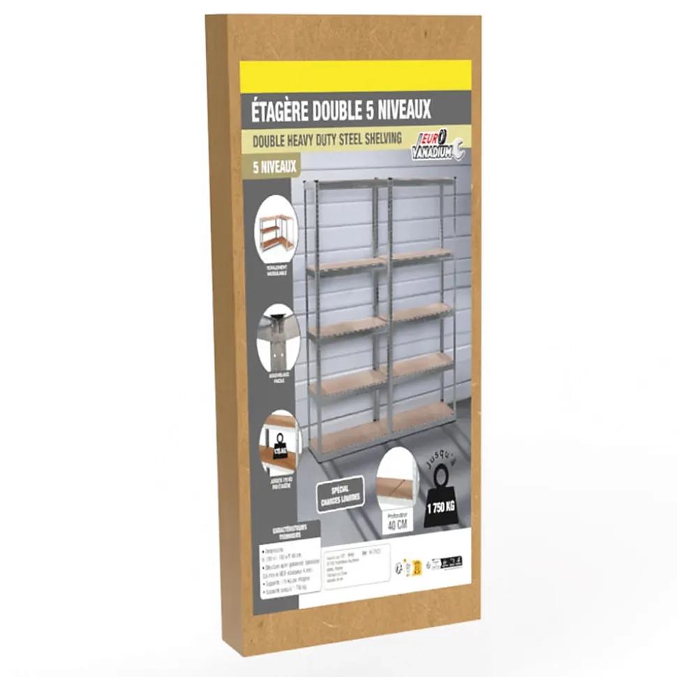 Etagere garage metallique 5 niveaux de rangement 180 x 180 cm robuste et modulable 40 cm gris