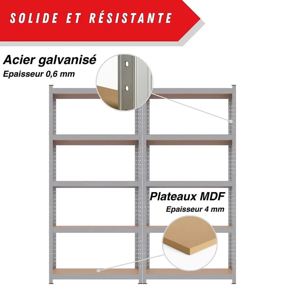 Etagere garage metallique 5 niveaux de rangement 180 x 180 cm robuste et modulable 40 cm gris